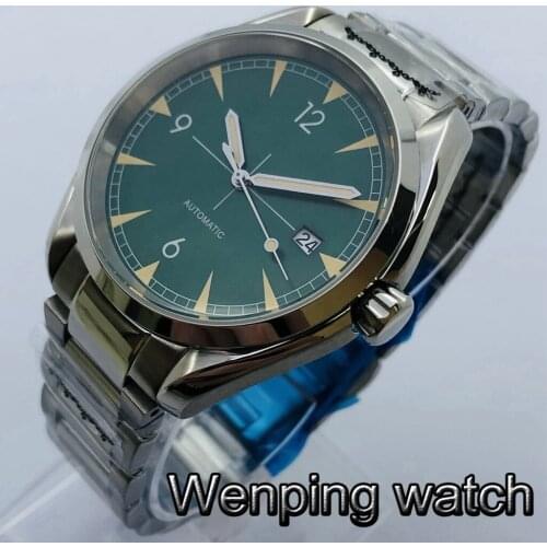 Bliger 40mm Mens Top Sterile Mechanical Watch Silver Case Sapphire Glass Green Dial Luminous NH35 Movement Automatic Watch