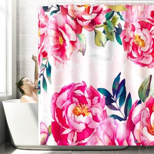 Floral Printed Bath Mat Set Polyester Waterproof Shower Curtain and Bath Mat Set Waterproof Bathroom Curtain with Hooks Set