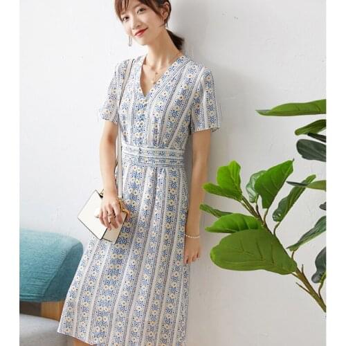 National New silk dress style circle printed V neck mid long dress mulberry silk dress looks thin