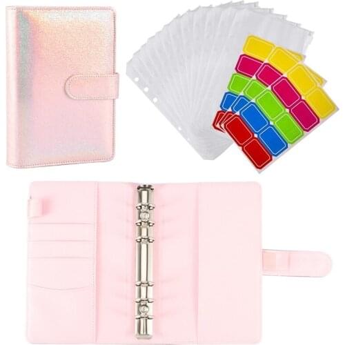 A6 PU Leather Notebook Binder Cover with 12Pcs Binder Pockets,6Ring Cash Budget Binder Loose Leaf Zipper Bags Envelope