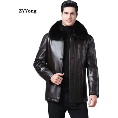 Russian 2020 Winter Fur Collar Leather Jacket Men New Business Casual Medium Long Windbreaker Coat Male Jacket 4XL