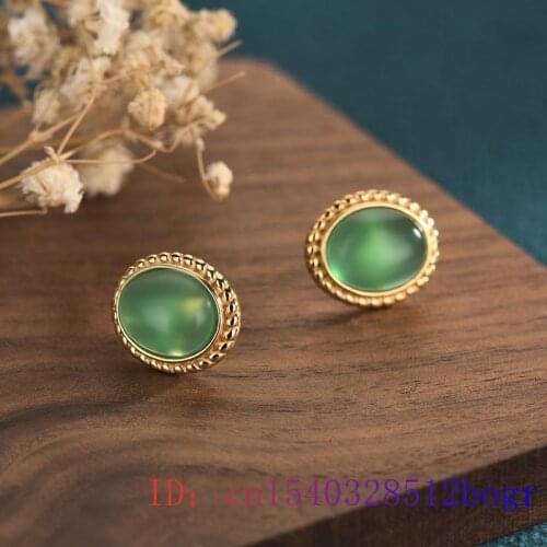 Green Jade Ear studs Crystal Fashion Earrings 925 Silver Amulet Women Natural Jewelry Gemstone Gifts Chalcedony Zircon