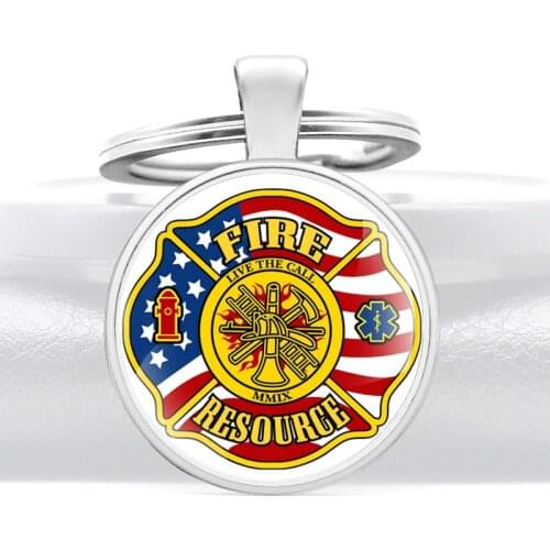United States Fire Resource Glass Dome key Chains Firemen Charms Men Women Key Ring Jewelry Gifts