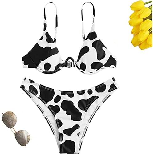 2021 Summer Ladies Fashion Sexy Hot Sells New Elegant Retro Temperament Cute Cow PrintEd High Waist Bikini Купальники женские