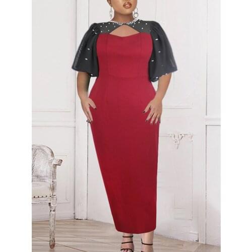 Women Retro Classy Dress Summer Tulle Short Sleeve Beaded Party Evening Dresses Vintage Burgundy Long Luxury Plus Size Clothing