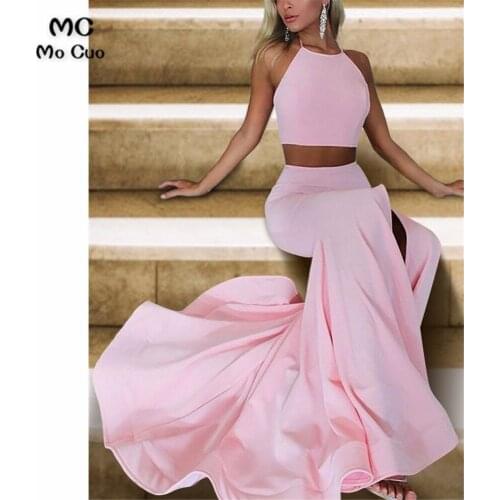In Stock Mermaid Evening Dresses Long Two Pieces Gown Side Slit Vestido Longo Elastic Satin Formal Evening Party Dress