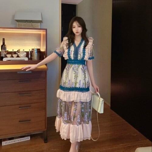 2021 New High-End Embroidery Vintage Women Dresses Summer Sweet Lace Splicing Mesh Cascading Ruffle Long Dress Female Party Robe