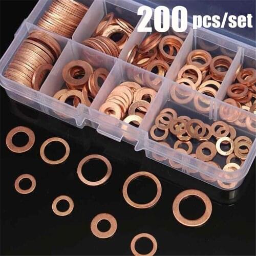 200pcs M5-M14 Assorted Solid Copper Gasket Washers Seal Flat Ring Set