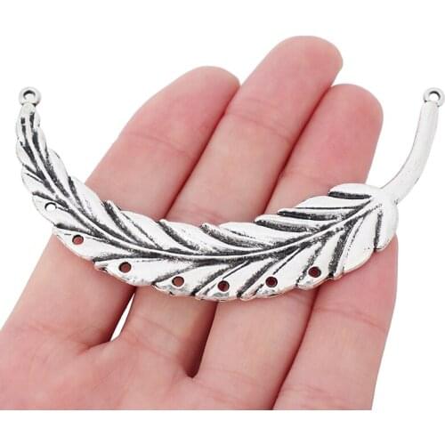 5 x Large Tibetan Silver Curved Feather Connectors Charms Pendants for Necklace DIY Jewelry Making Accessories 88x18mm