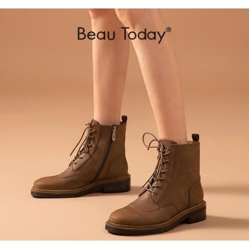 BeauToday Ankle Boots Women Cow Leather Square Toe Lace-Up Side Zip Vintage Ladies Shoes Handmade 03839