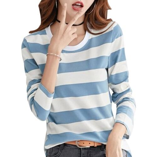 Camiseta Mujer 2021 Striped Spring Autumn Tops Cotton T Shirt Women Casual Woman Clothes Basic T-Shirts Womens Vetement Femme