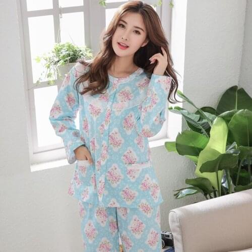Plus size home service cardigan spring and autumn ladies cotton pajamas mom long sleeve suit summer thin printed pijama 2020