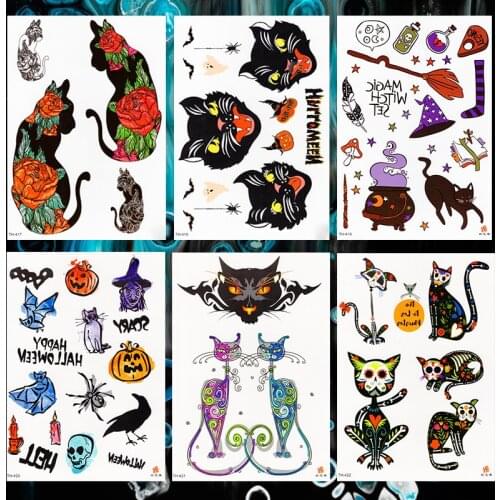 Halloween Pumpkin Magic Unicorn Waterproof Temporary Tattoo Sticker Skull Cats Black Crow Flash Tattoos Body Art Arm Fake Tatoo