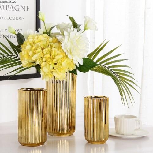 American Electroplating Golden Striped Vase Flower Arrangement Simulation Flower Table Decoration Ceramic Vase Home Decoration