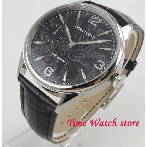 Classic 42mm Goutent wrist watch men waterproof leather strap black dial silver marks 17 jewels Mechanical 6497 Hand Wind c1009