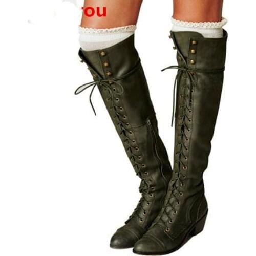 Leather Women Knee-high Boots Winter Thigh High Lace Up Square Heel Boots Army Green Zapatos Mujer Shoes Woman Stockings
