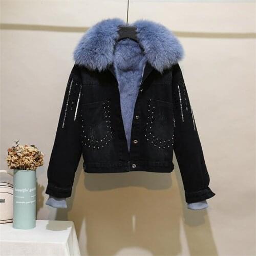 Jacket Female Autumn Winter Short Plus Velvet Thick Fox Fur Collar Cotton Coat Sequins Rivet Streetwear Denim Parkas For Women