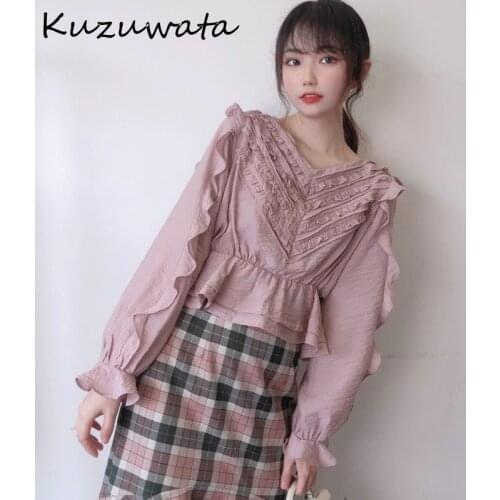 Kuzuwata 2021 Elegant Ruffles Patchwork Women Shirts Chic Lantern Long Sleeve Blouse Spring New V Neck Slim Waist Short Blusas