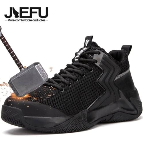 JIEFU Mens Safety Shoes Lightweight Breathable Non-slip Shock Absorbing Steel Toe Work Boots Comfortable Construction Sneakers