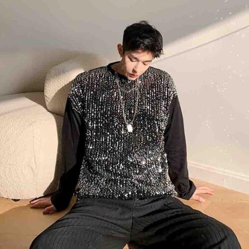 Mens long sleeve hairdresser bottom color matching sweater spring and autumn Korean version of mens loose T-shirt sequins pers