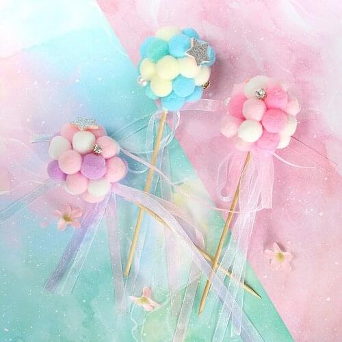 New Colorful Plush Ball Cupcake Topper Star Pearl Crystal Cake Topper For Wedding Birthday Baby Shower Party Cake Decorations