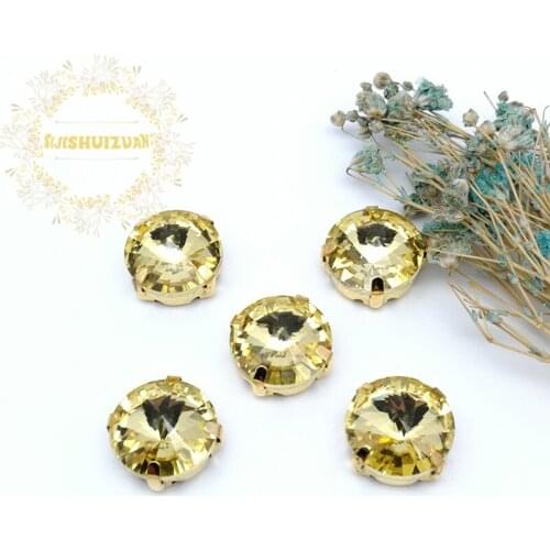 New product Satellite Light yellow Crystal Glass Sewing Rhinestones with gold Claw DIY Wedding Dresses