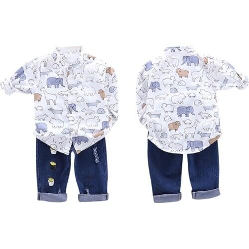 Autumn Children Baby Boys Casual Long Sleeve Cartoon Animal Print Shirt Tops+Denim Pants Trouser Set