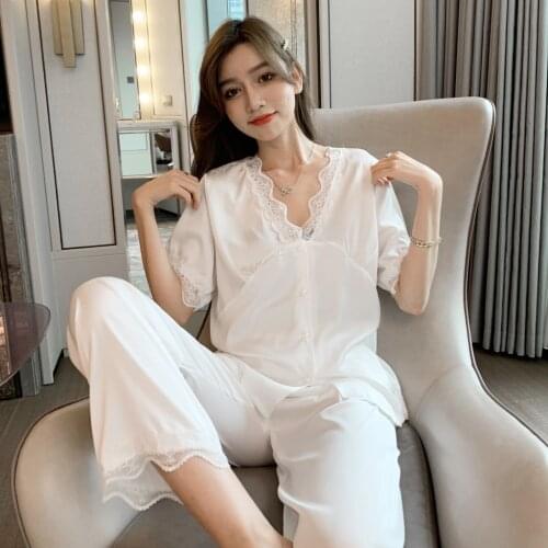 Short Sleeve Trousers Pajamas Womens Summer Ice Thin Korean Version 2021 New Spring Summer 2Pcs Set Home Wear Sleepwear