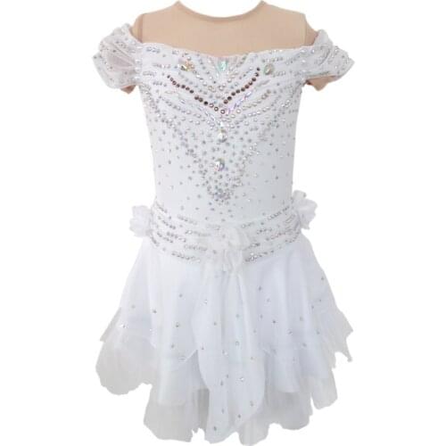 Ice Skating Dress Girls White Mesh High Elasticity Competition Skating Wear Handmade Jeweled Rhinestones