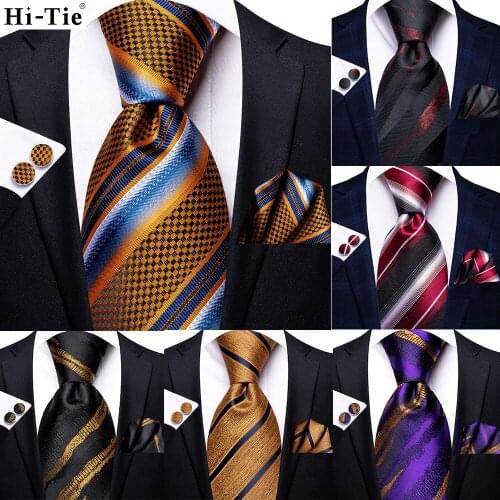 Hi-Tie Gold Black Striped Silk Wedding Tie For Men Fashion Design Gift Men Necktie Hanky Cufflink Set Business Party Dropshiping