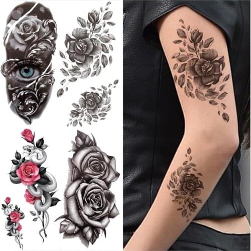 Realistic Eye Rose Flower Temporary Tattoos For Men Women Demon Eye Mamba Snake Fake Tatoo DIY Waterproof Sleeve Tattoo Sticker