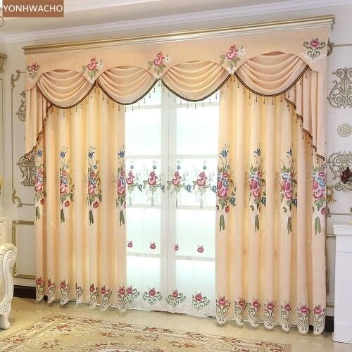 Custom curtains luxury chenille living room embroidered beige thick cloth blackout curtain valance tulle drape C900