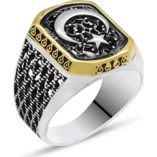 Tevuli 925 Sterling Silver Turkish Flag Moon Star Men 'S Ring