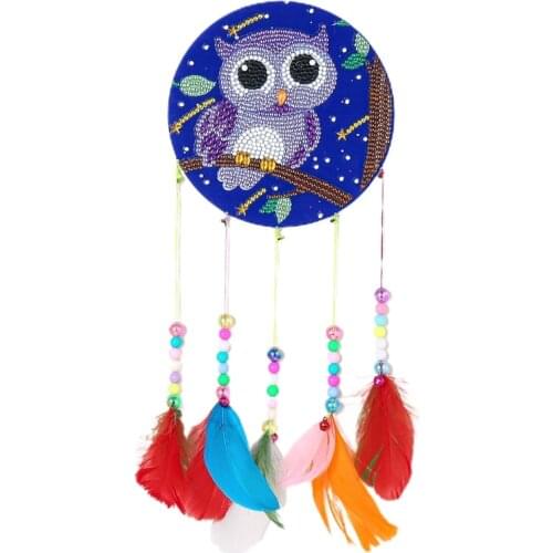 W3JE Cute Cartoon Owl Diamond Drawing Wind Chime Hanging Colorful Feather Wind Chimes for Outside Decoration DIY Handicrafts