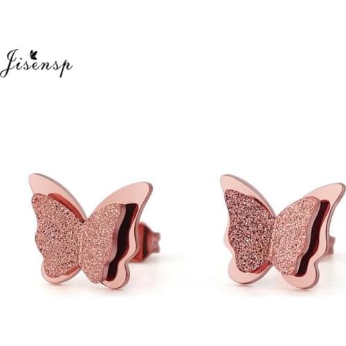Jisensp New CZ Butterfly Earrings Rose Gold Color Stainless Steel Earrings for Women Child Frosted Butterfly Cartilage Ear Studs
