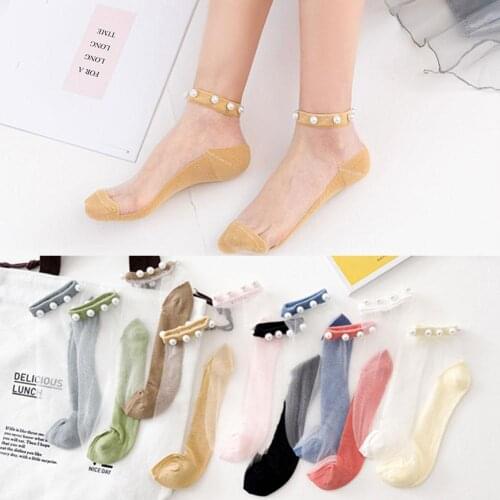 Women Summer Mesh Socks New Fashion Pearl Bead Transparent Sox Girl Nylon Stretch Ankle Socks Net Yarn Thin Women Cool Socks