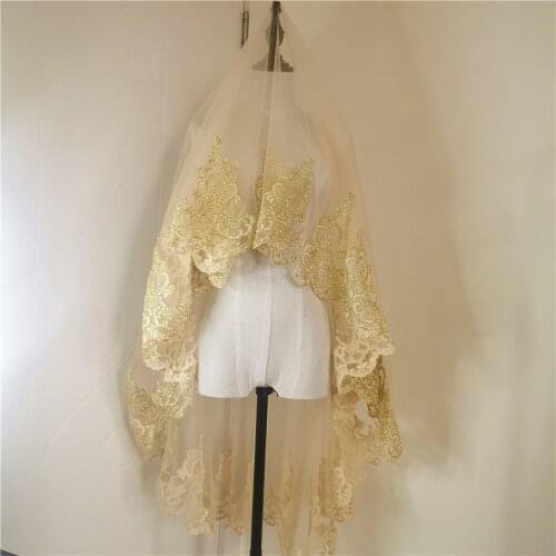 Gold Bridal Veils with Satin Belt Lace Edge Wedding Accessories Tulle Veil for Brides Short 1.5 metres ChampagneDuvak ve Kusak