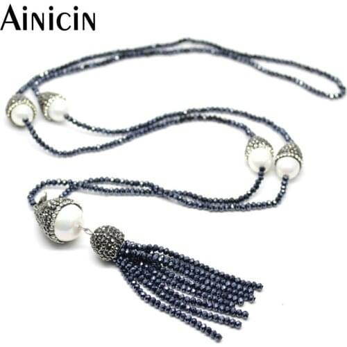 1pc Handmade Faceted Blue Glass Crystal Tassel Necklace 34'' Chain With White Shell Charms Beads Fashion Women Jewelry