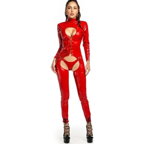 Wet Look PVC Shiny Catsuit Hollow Out Bandage Crotchess Long Sleeve Bodysuit PU Leather Tights Jumpsuit Sexy Pole Dance Clubwear