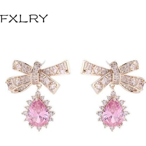 FXLRY New Ins Fashion Female Micro-Inlaid Pink Zircon Temperament Bow Drop Earrings For Women Jewelry