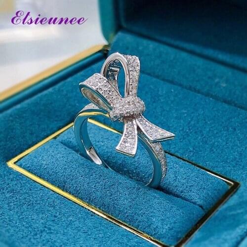 ELSIEUNEE 100% 925 Sterling Silver Bowknot Created Moissanite Diamonds Wedding Finger Ring Elegant Fine Jewelry Rings for Women