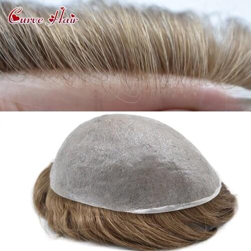 Full PU Base With Scallop Front Men Toupee 0.04mm Ultra Thin Skin Male Wig Remy Human Hair Transparent Poly Hairpiece
