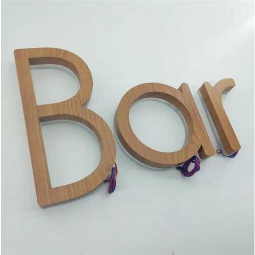Outdoor waterproof imitate wood grain back lit stainless steel letters, newest halo lit retro metal shop LED letter sign