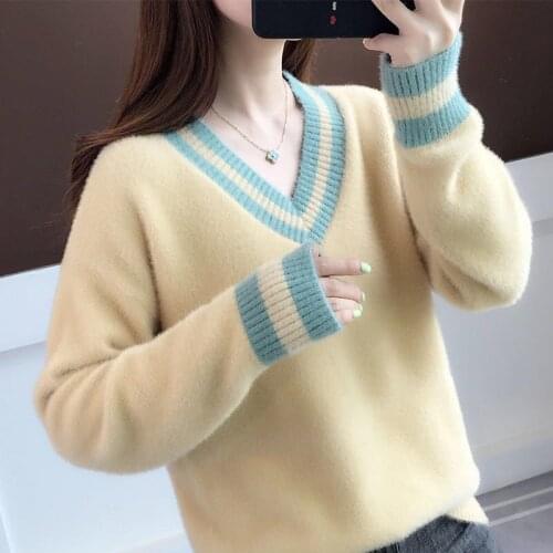 Mink Cashmere Korean Knitted Woman Sweaters Pullovers Spring Autumn Basic Womens Long Sleeve LooseTops Jumper Unif Clothing