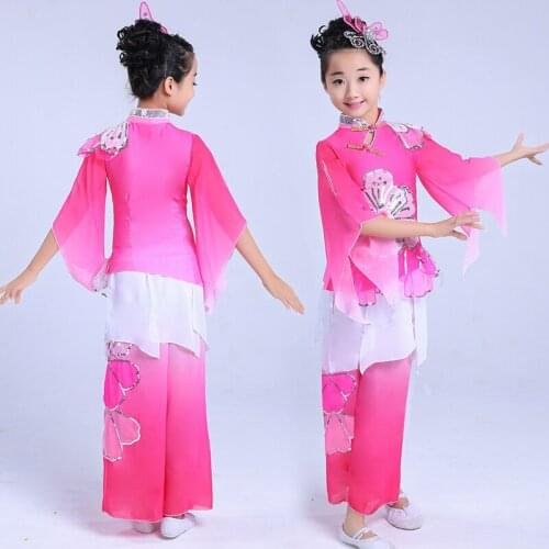 New 2 Color Children Chinese National Dance Costume Yangko Dance Children Drum Fan Umbrella Dance Clothing for Stage