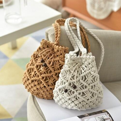 Hand-woven bag womens leisure all-match straw woven bag shoulder messenger bag cotton thread bucket bag