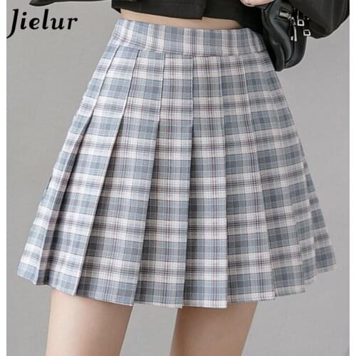Jielur Plaid Skirts Womens Autumn Slim High Waist Saia Faldas New Korean Chic Women Skirt Purple Pleated Mini Skirt S-XL