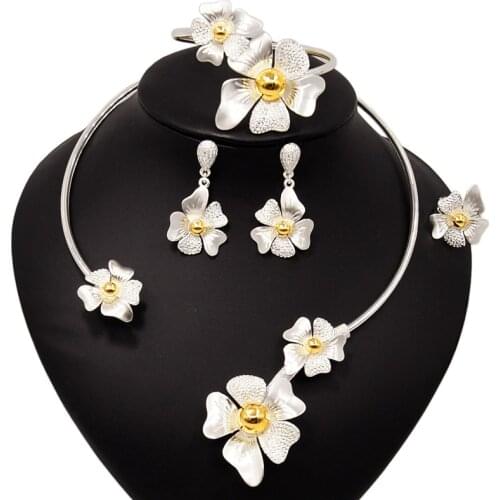 Yulaili New Dubai Gold Jewelry for Women Wedding Flowers Necklace Earrings Charm Bracelet Ring Party Accessories Jewelery Set