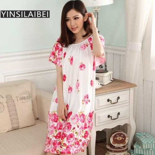 Summer Short-Sleeve Dressing Gown Long Satin Nightgown Women Sleepwear Plus Size Nightwear Floral Robe Kimono SR028#08