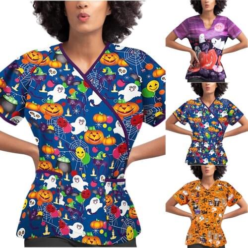 High Quality Halloween Scrubs Women Nursing Short Sleeve V-neck Tops Nurse Working Uniform Pockets Blouse медицинская одежда q5
